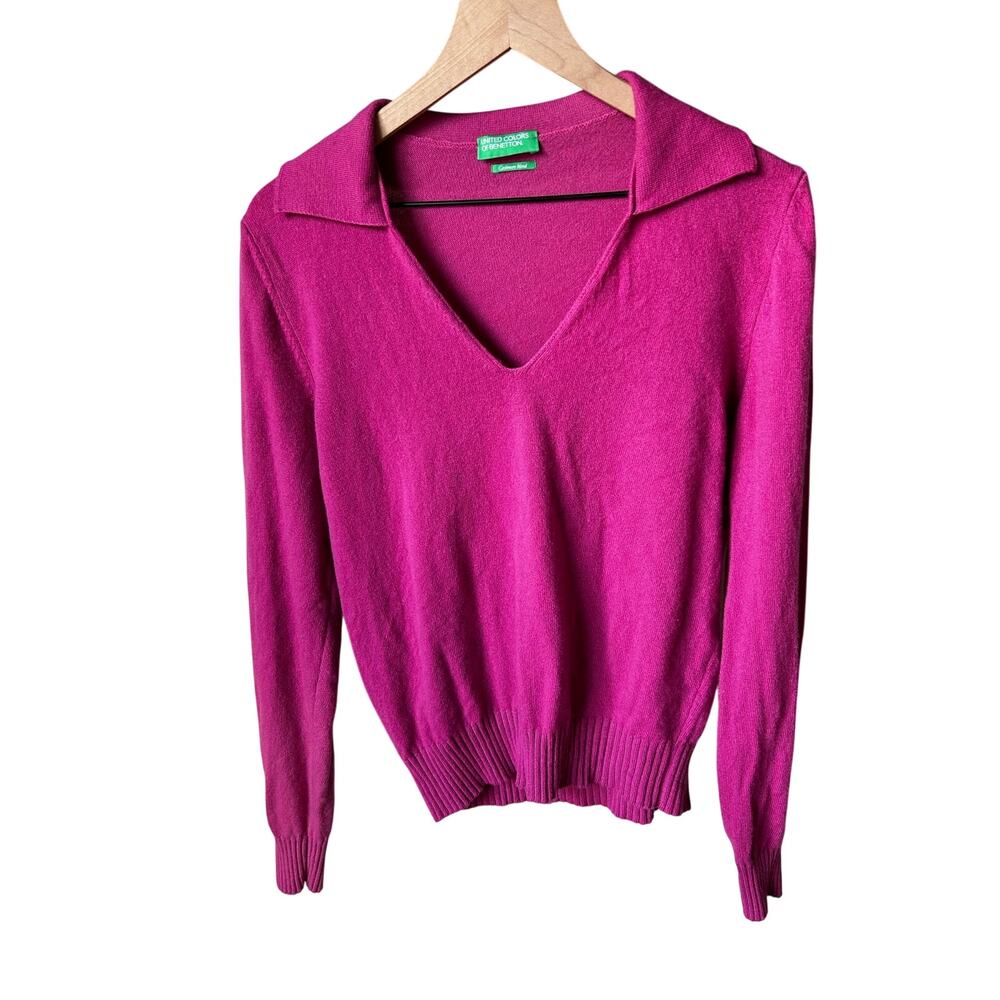 United Colors of Benetton Fuchsia Pink Cashmere Blend V-Neck Sweater Size M